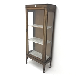 Early to mid 20th century oak glazed display cabinet, egg and dart detailing, single door enclosing two lined shelves, turned supports, W62cm, H149cm, D32cm