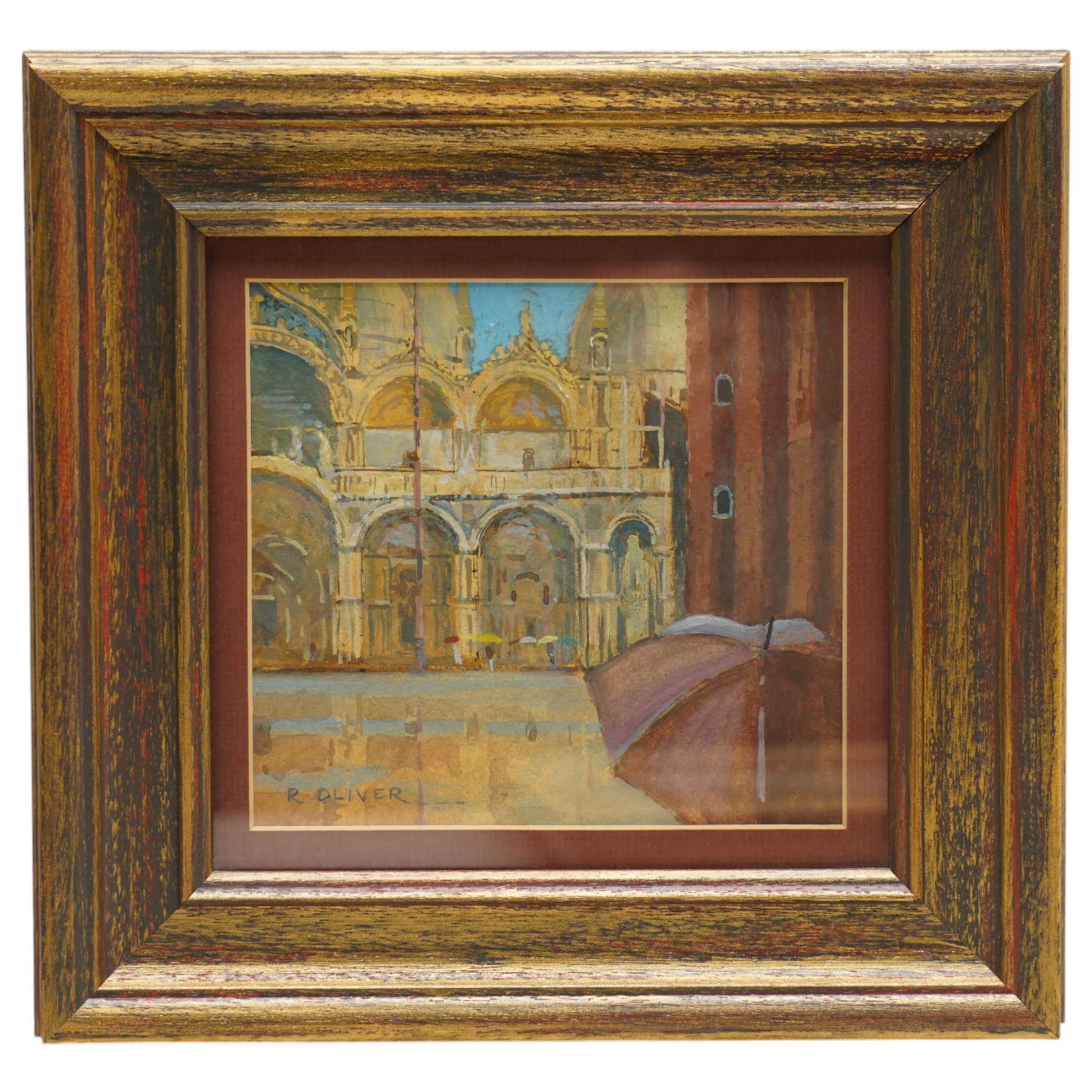 Raymond Oliver (British 1933-): 'San Maria Della Salute Venice' 'Rainy Day St Marks Venice' & 'A Venetian Doorway', set of three acrylic on watercolour paper signed, titled verso 16cm x 15cm