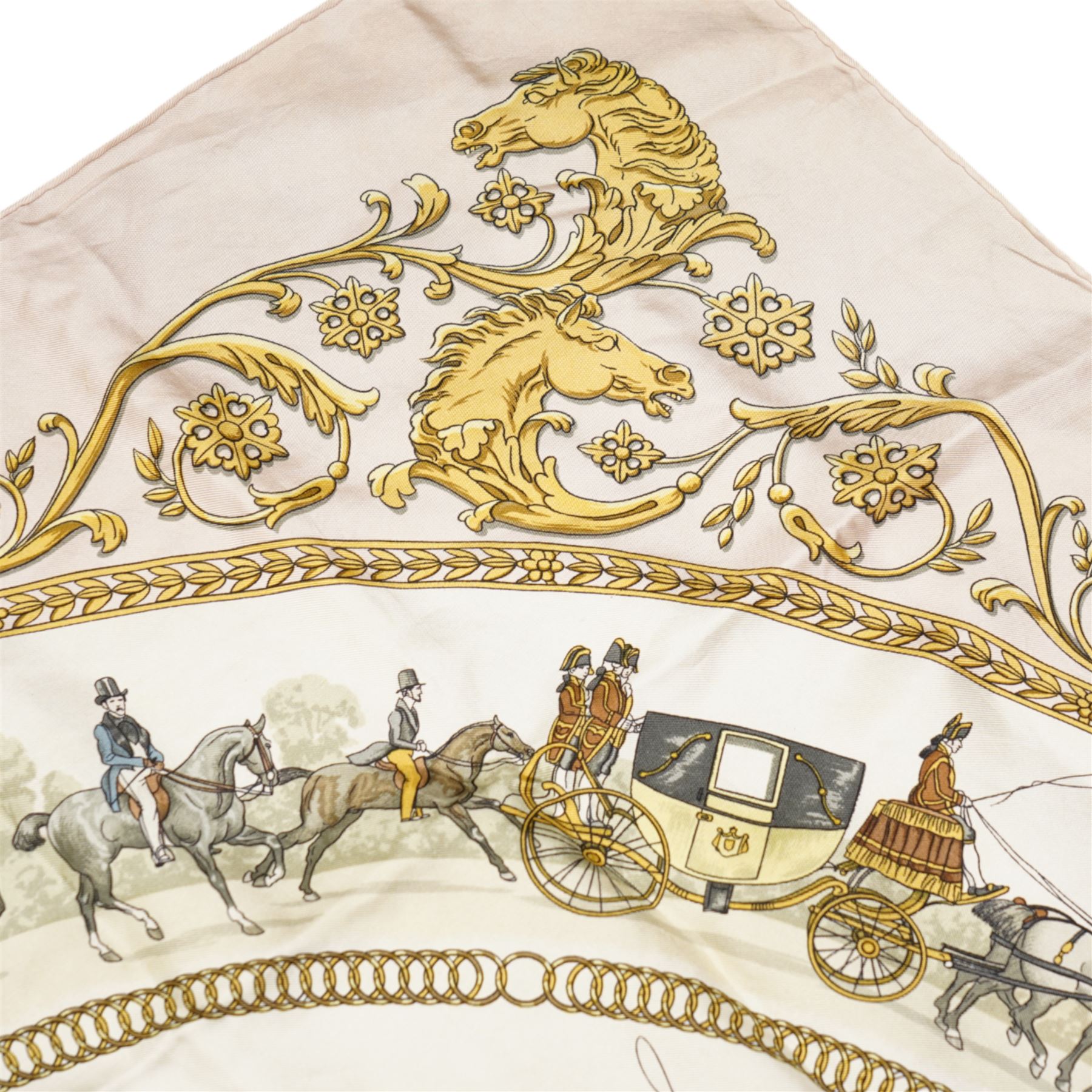Hermes 'La Promenade de Longchamps' silk scarf in the cream pink and gold colourway, designed by Philippe Ledoux, 86cm x 86cm
