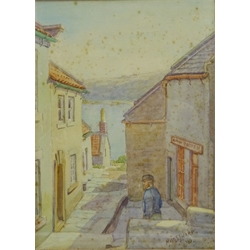  East Coast Village, watercolour signed and dated 1910 by Miles Sharp, Village Scene, photographic print after F M Sutcliffe, Coastal Cliffs, watercolour signed by G. Barker and Moorland watercolour unsigned max 45cm x 28cm (4)  