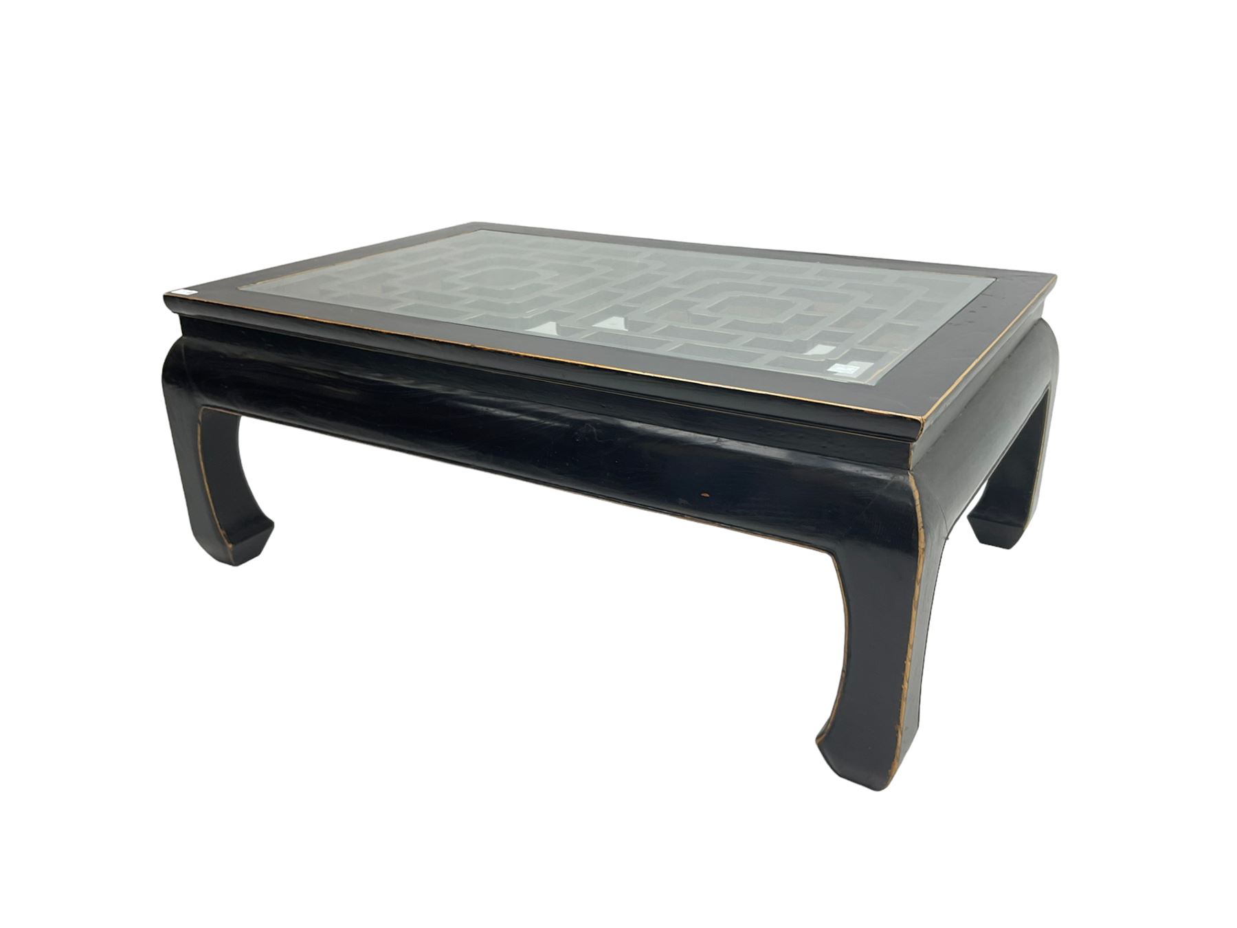 Chinese ebonised rectangular coffee table, inset glass top over pierced geometric fretwork, raised on shaped supports