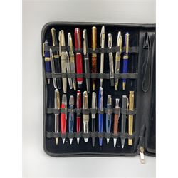 Assorted pens, to include a rolled gold cased Sheffer fountain pen with nib marked 14K, other examples largely ballpoint or roller ball examples, including Cross, Paul Smith, Parker, etc., in leather case. 
