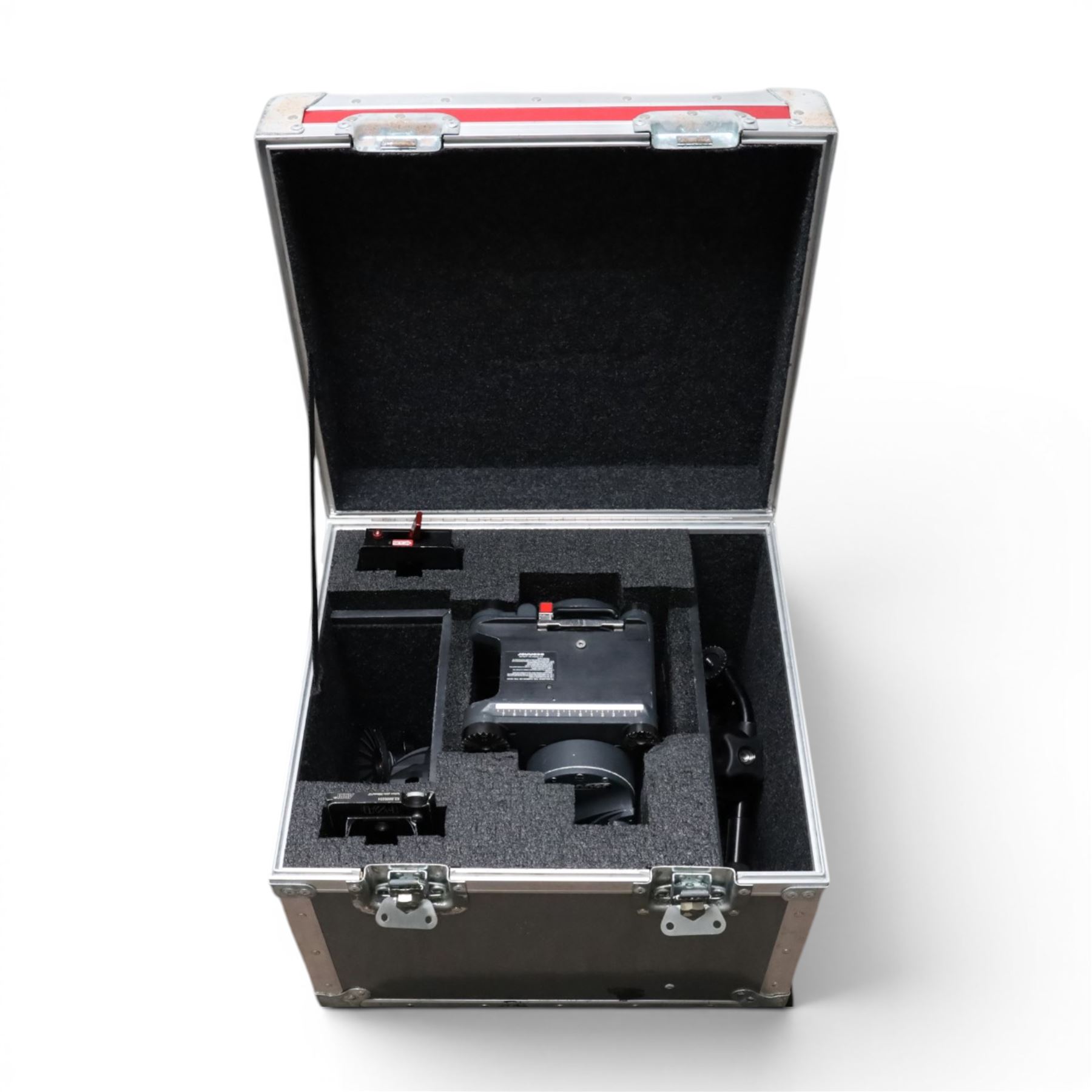 O'Connor 2560 Fluid Head serial no. C1260-2003, with accessories to include pan handle, MOY/Mitchell base plate and tie-down, 150mm bowl adapter and tie-down, quick release base plate and Arri 300mm bottom plate, in custom cut flight case 
