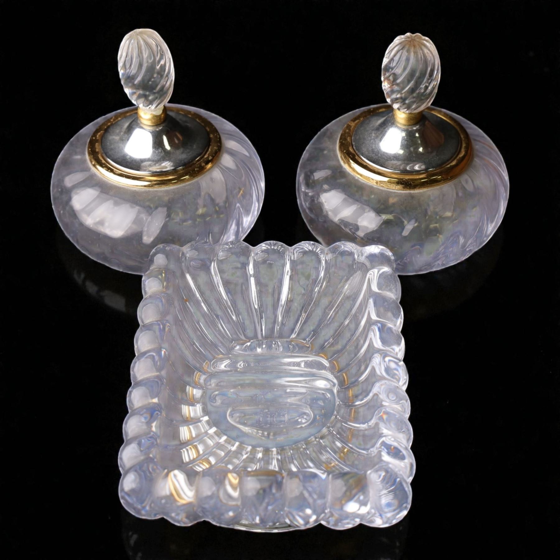  Glass vanity dish and pair of lidded vessels, retailed by Harrods, dish L17cm, H7cm