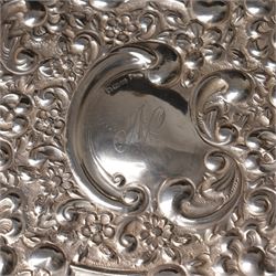 Edwardian silver folding desk blotter with watered silk interior and embossed decoration engraved with initial 'N' 27cm x 20cm Sheffield 1904 Maker Walker & Hall