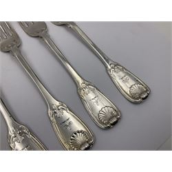 George IV Scottish silver Kings pattern cutlery for six place settings, to include table spoons, table forks, dessert spoons and dessert forks, all engraved with shamrock crest to terminal, hallmarked Robert Gray & Son, Glasgow 1833