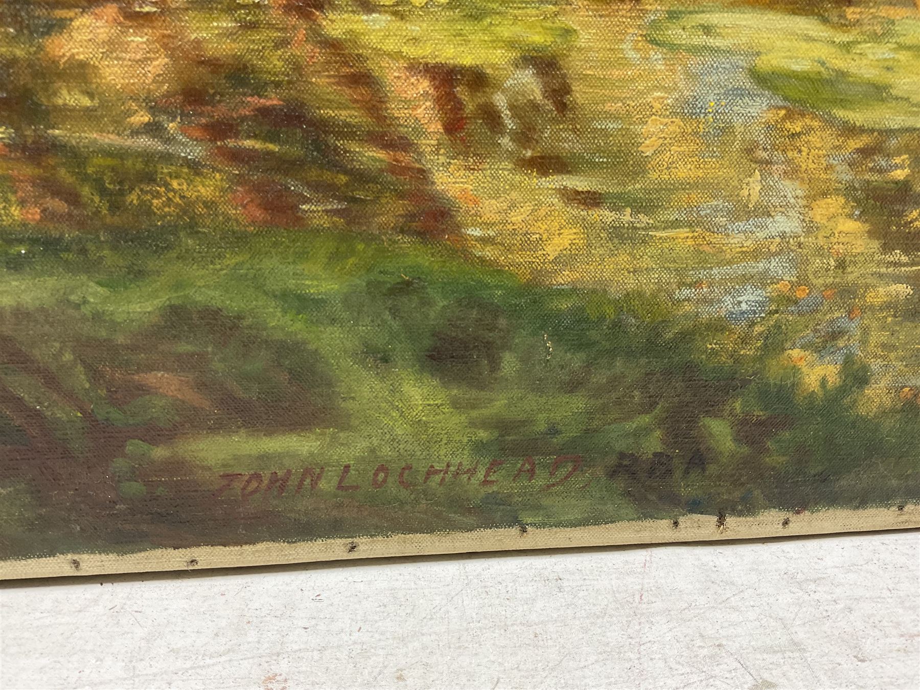 John Lochhead RBA (Scottish 1866-1921): 'Land of Happy Dreams' on the banks of the Great Ouse, oil on canvas signed, titled and dated 1920 verso 107cm x 122cm (unframed)
Notes: period newspaper cutting verso giving details of the artist's studio and referring to the 'Land of Happy Dreams' as his largest work