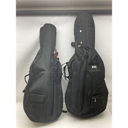 Two student half-size cellos - Boosey & Hawkes Artia with 65cm one-piece back and spruce top; bears maker's label; L104cm overall; and Romanian with 65.5cm two-piece maple back and ribs and spruce top; bears label; L108.5cm overall; each in soft carrying case with two bows (2)