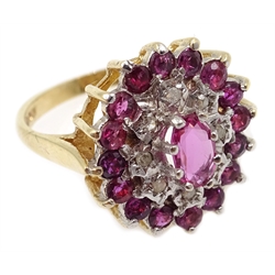  9ct gold ruby and diamond cluster ring, hallmarked  