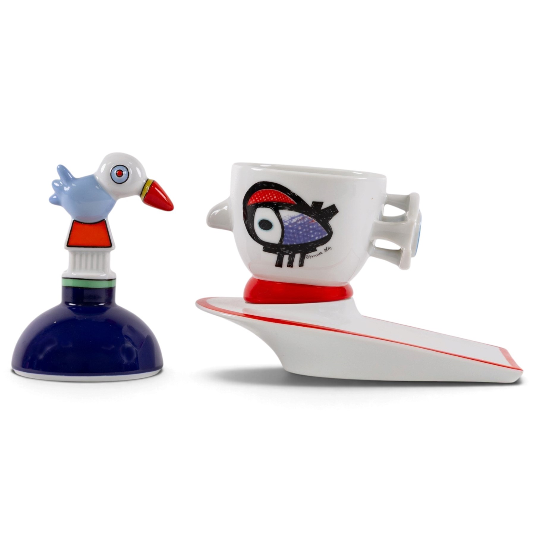 Otmar Alt (German 1940-) for Rosenthal Studio Line - 'Bird on the Roof' sculpture and 'Artist's Mug no. 1' teacup and saucer set, both porcelain max H13cm (2)