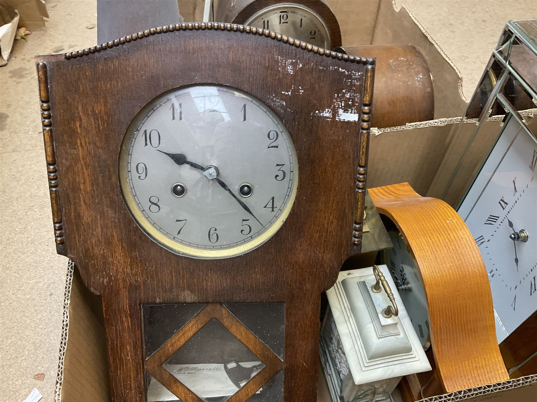 Collection of mantel clocks, including Aynsley Portlandware clock, four