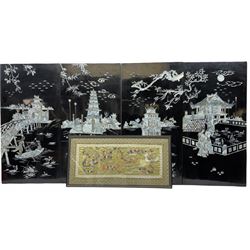 Set of four Japanese black lacquer and mother of pearl inlaid wall plaques (H79cm W39.5cm), together with framed embroidered silk panel, the dragon boat race