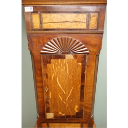  19th century mahogany crossbanded oak longcase clock, arched painted dial with subsidiary seconds dial, 8-day movement striking the hours on a bell, H225cm  