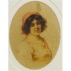  Portrait of a Young Woman, oval watercolour signed by Romolo Tessari (Italian 1868-1947) 19cm x 14.5cm  