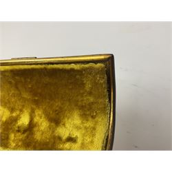 19th century brass repoussé perfume box, the ornately decorated casket with hinged domed cover lifting to reveal gold velvet lined interior containing three glass scent bottles, H14cm W15cm D7cm