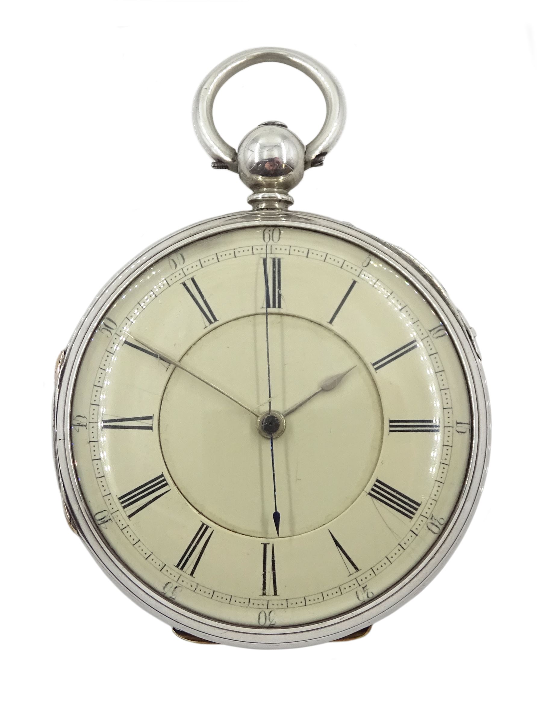 Victorian silver open face key wound English lever chronograph pocket watch No. 21227, cream enamel dial with Roman hours and outer Arabic minute ring, case by Edward Hickman, London 1876