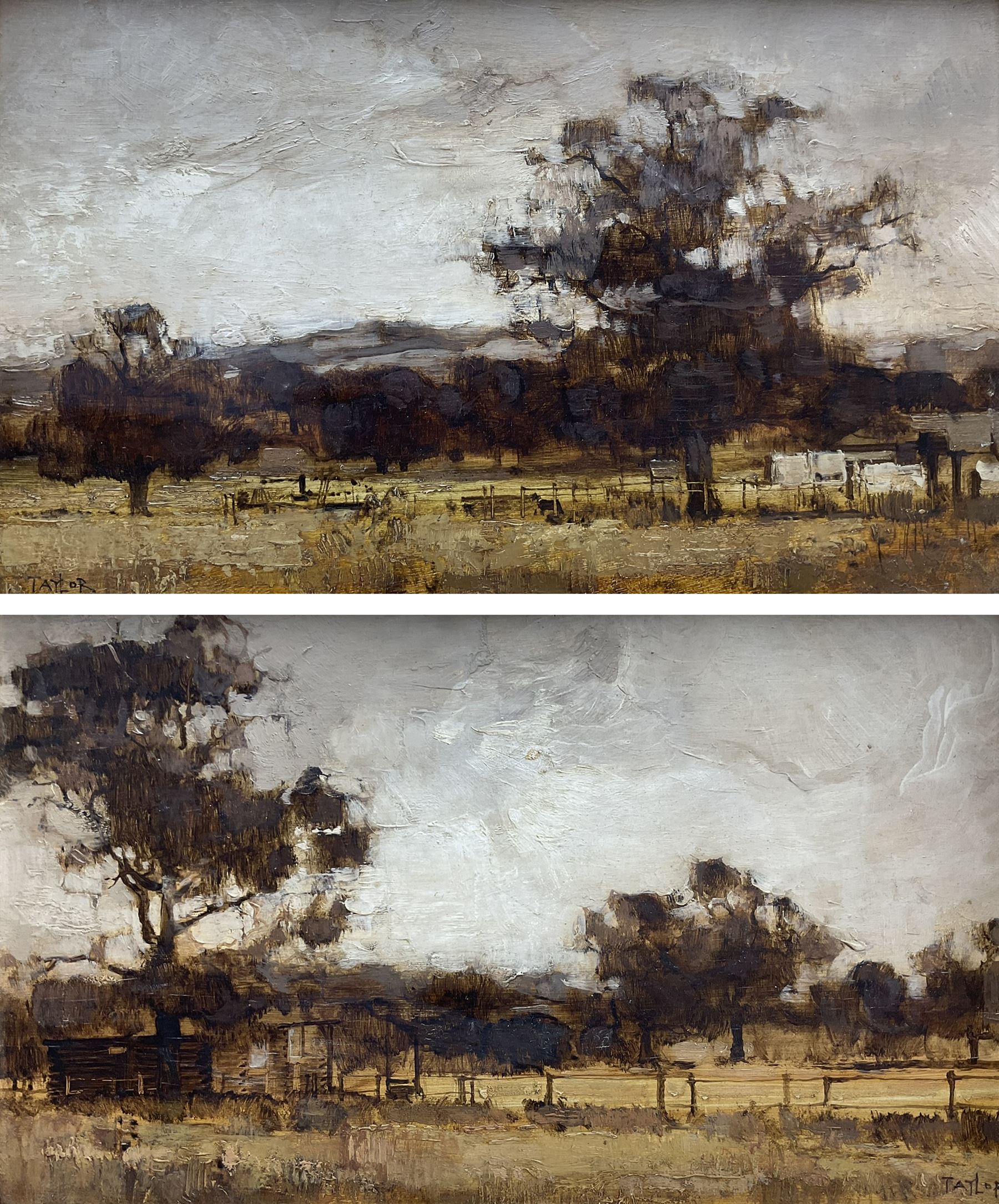 James Taylor (British 1925-2000): 'Kentish Landscape', pair oils on panel signed 24cm x 39cm (2)
Provenance: with The Lefevre Gallery, Bruton St., London, labels verso