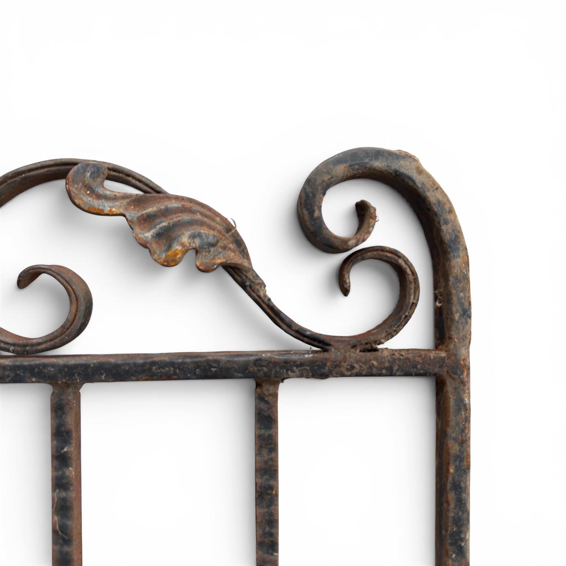 Victorian wrought iron vineyard gate, with ornate scrollwork and foliate acanthus leaf decoration, shaped cresting and central decorative panel, finished in rustic black painted finish