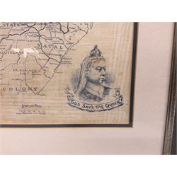 Boer War cotton handkerchief printed with portraits of Lord Roberts and Queen Victoria with a map of Southern Africa and Kipling's The Absent Minded Beggar, framed, handkerchief 44.5 x 43cm