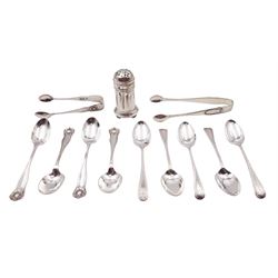 Group of silver, to include 1920s silver pepper, upon four bun feet, hallmarked Docker & Burn Ltd, Birmingham 1929, a set of four Edwardian silver coffee spoons and a pair of matching sugar tongs, hallmarked James Deakin & Sons, Sheffield 1901, set of five Edwardian silver coffee spoons, hallmarked Cooper Brothers & Sons Ltd, Sheffield 1909 and a pair of 1930s silver sugar tongs, hallmarked James Dixon & Sons Ltd, Sheffield 1938