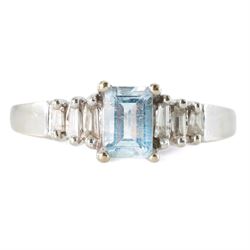 10ct white gold aquamarine and diamond ring, single octagonal cut aquamarine of approx 0.4...