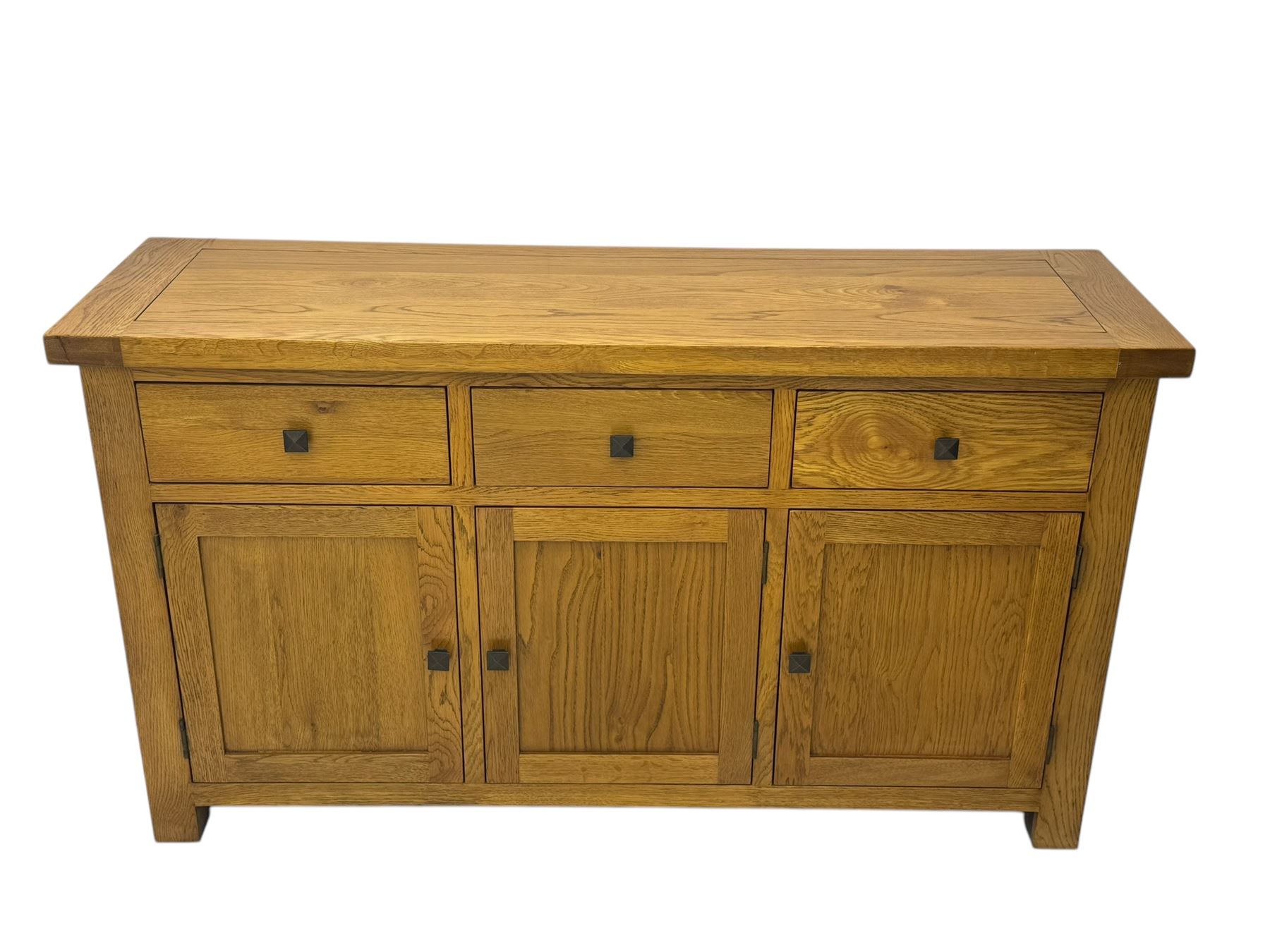 Oak Furnitureland, golden oak sideboard. Three single draws, three cupboard doors with single shelf