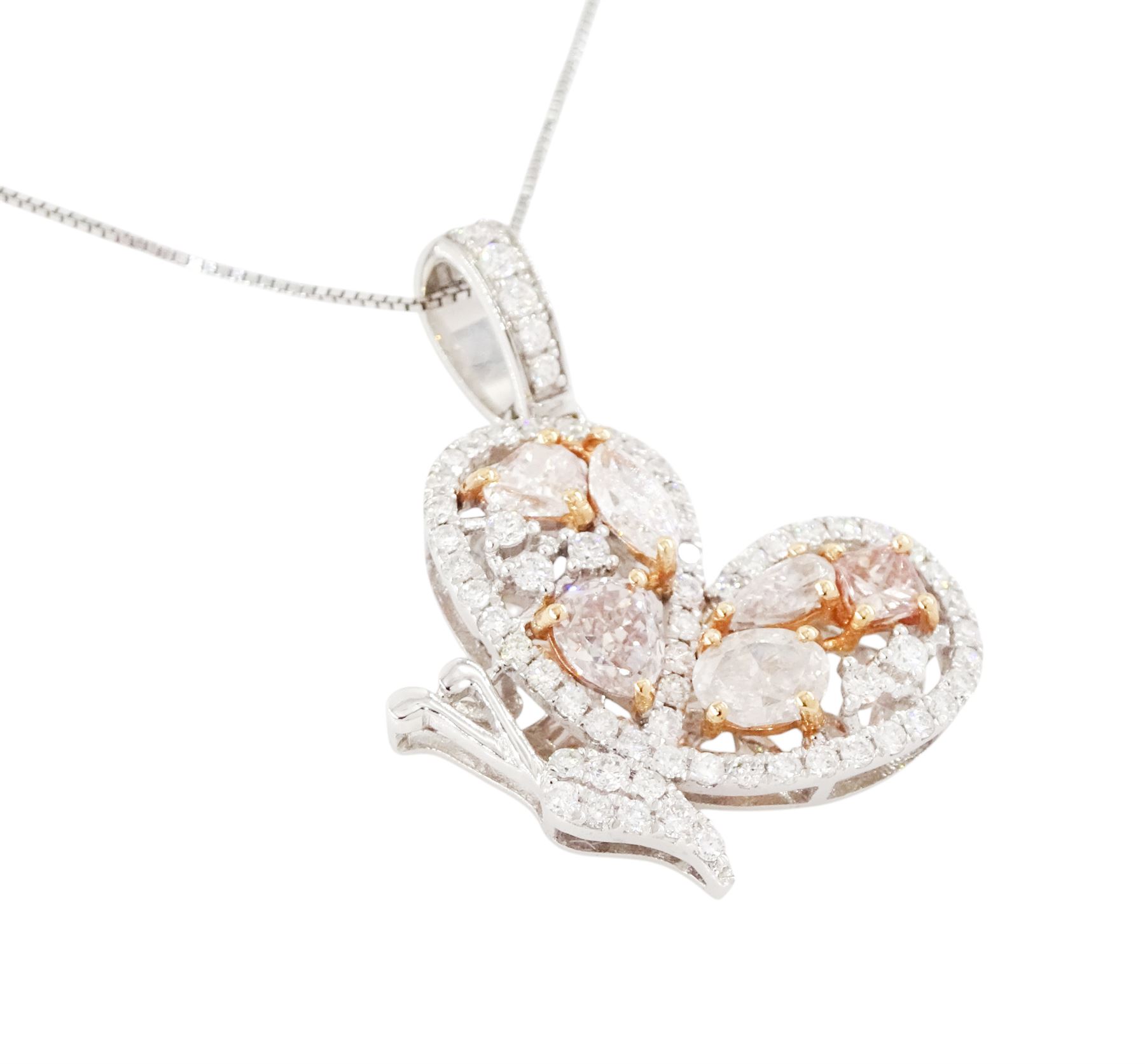 18ct white and rose gold diamond butterfly pendant necklace, the pendant set with vari-cut light pinkish brown diamonds and round brilliant cut white diamonds, total diamond weight 1.84 carat, with World Gemological Institute report