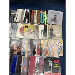 Quantity of vinyl records including Eagles 'Desperado', Electric Light Orchestra 'Balance Of Power', Rush '2112', 'Moving Pictures', Santana 'Festival', Eric Clapton 'No Reason To Cry' and other music, approximately 90, in one box
