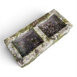 19th century weathered hewn stone double trough rectangular form with two divisions