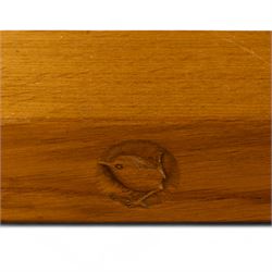 Wrenman - 10' x 5' adzed oak twin pillar dining table, with signature Wren carving on sleigh base, by Bob Hunter of Thirlby's workshop