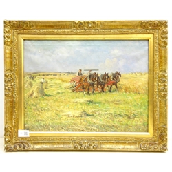  James William Booth (Staithes Group 1867-1953): Reaper Drawn by Three Horses, oil on canvas laid on board signed 37cm x 50cm  DDS - Artist's resale rights may apply to this lot  
