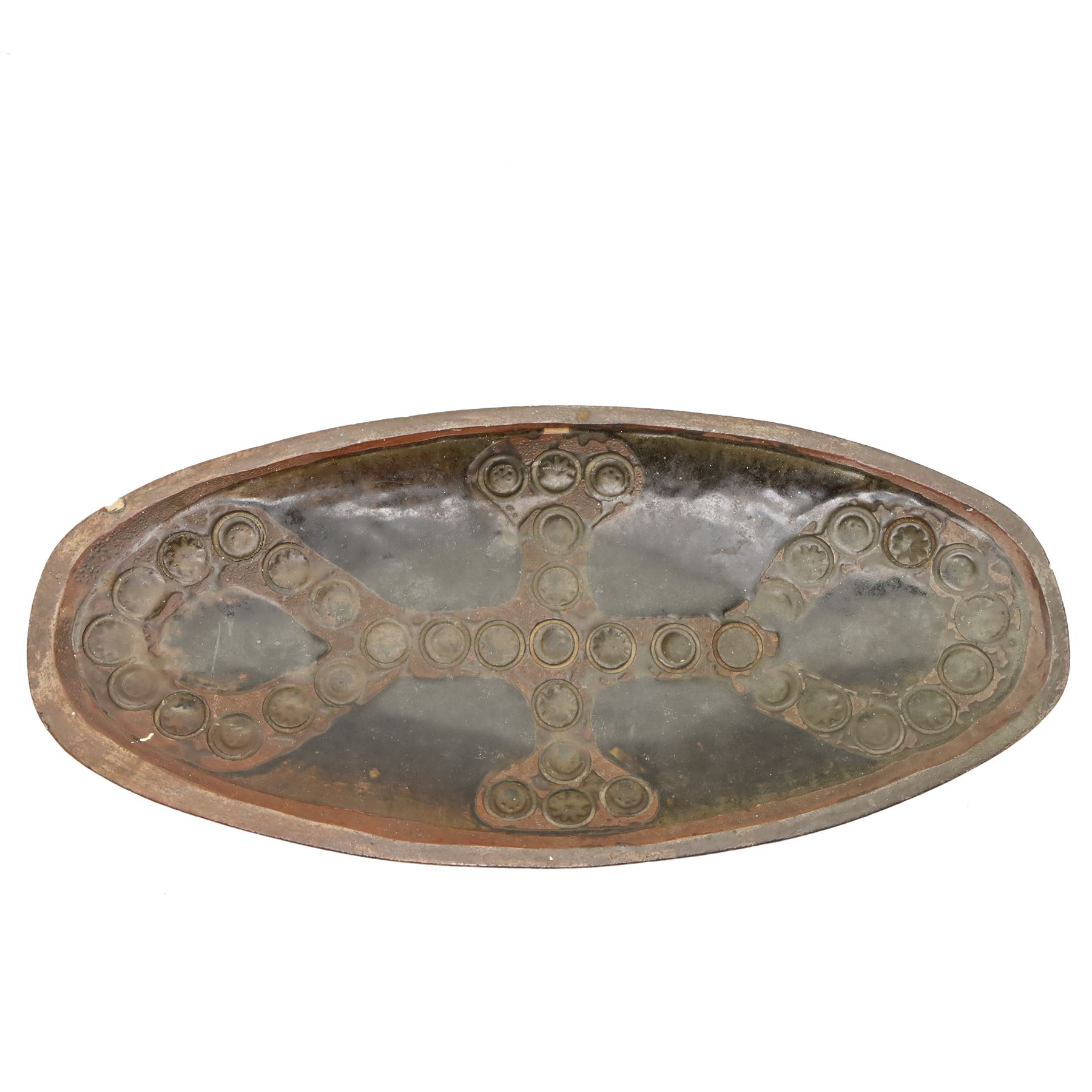 Large Crowan Pottery bread crock, H30cm; together with a studio pottery oval shallow dish, D52cm, and an Alan Caiger-Smith bowl, D42cm, variously marked and inscribed (3)