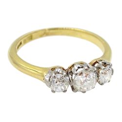 Gold old cut dimaond three stone ring, stamped 18ct, central diamond approx 0.40 carat, total diamond weight approx 0.80 carat