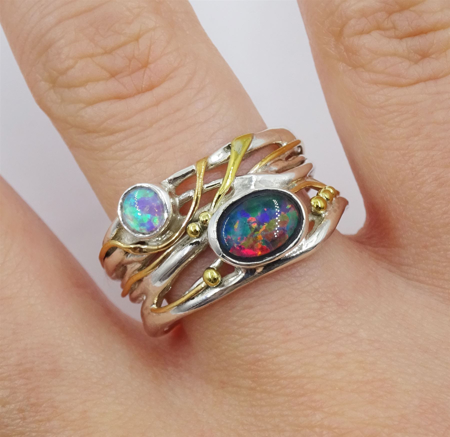 Silver and 14ct gold wire opal ring, stamped 925