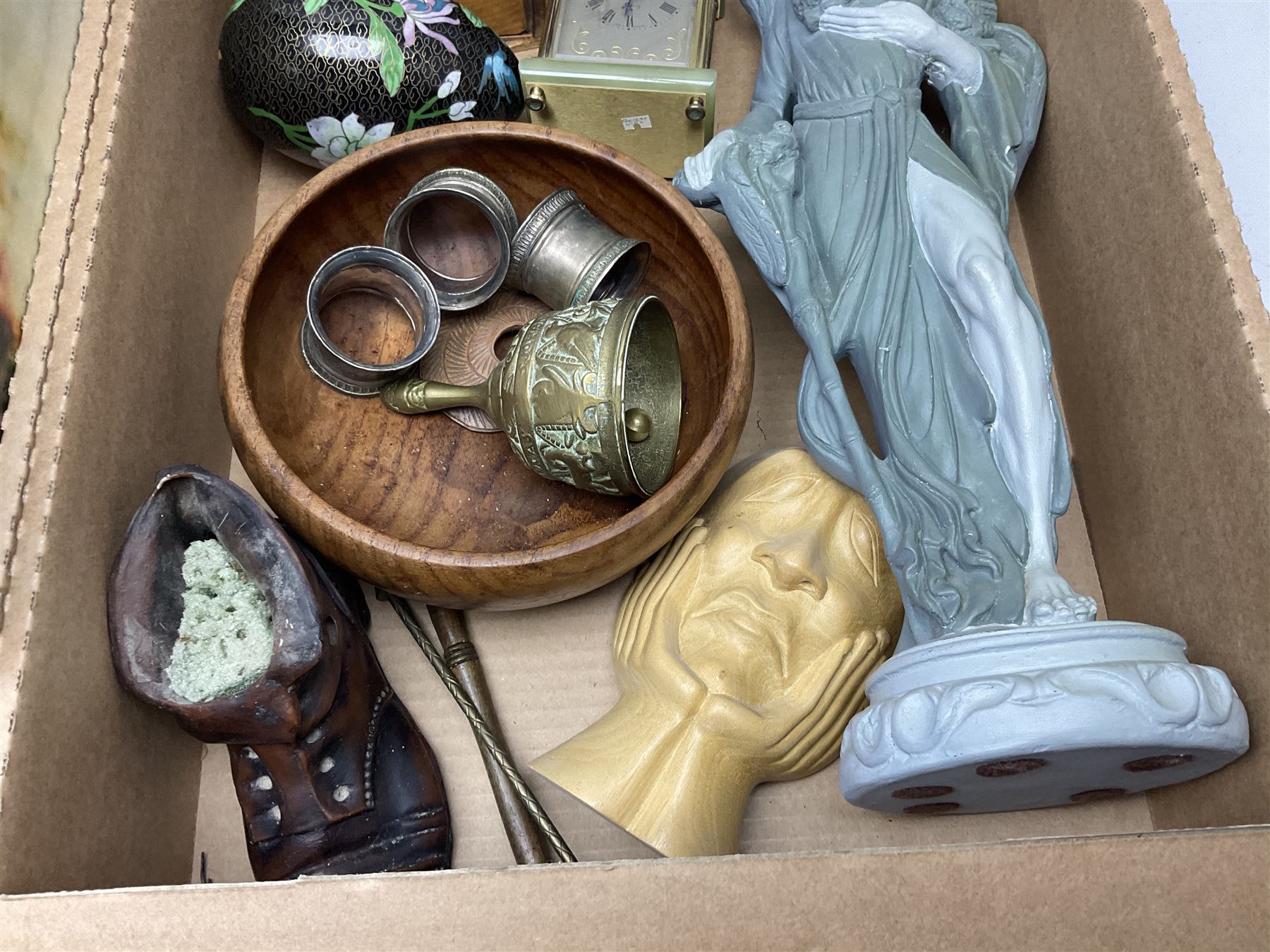 20th century Postilion brass and agate carriage clock with bevelled glass panel, H13cm, Peugeot Freres coffee grinder, silver-plate, figures, quantity of vinyl records, four The Works of William Shakespeare pub Odhams Press, brass lamp etc in three boxes