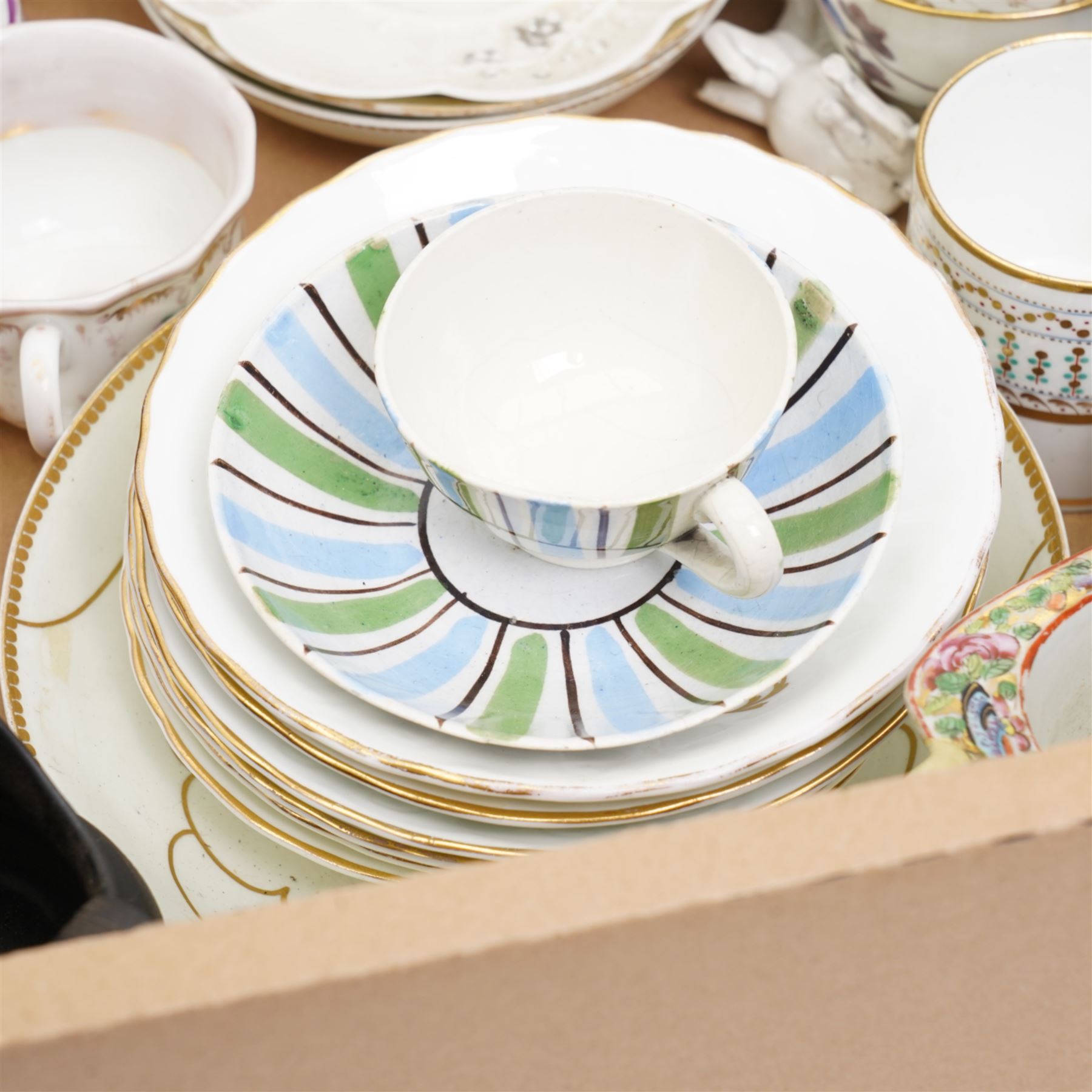 Fieldings Crown Devon items including fruit bowl, five dessert bowls and teapot, Poole pottery preserve jar, Sylvac posy holder, Frosted art glass tulip vase, similar lily vase, two Belleek saucers, assorted cups and saucers etc contents in two boxes