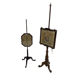 Victorian mahogany pole screen, needle work panel in frame carved with scrolls and foliage (H174cm), and a 19th century pole screen on twist carved stem (H138cm)
