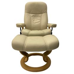 Ekornes - Stressless armchair upholstered in cream leather with matching footstool 
