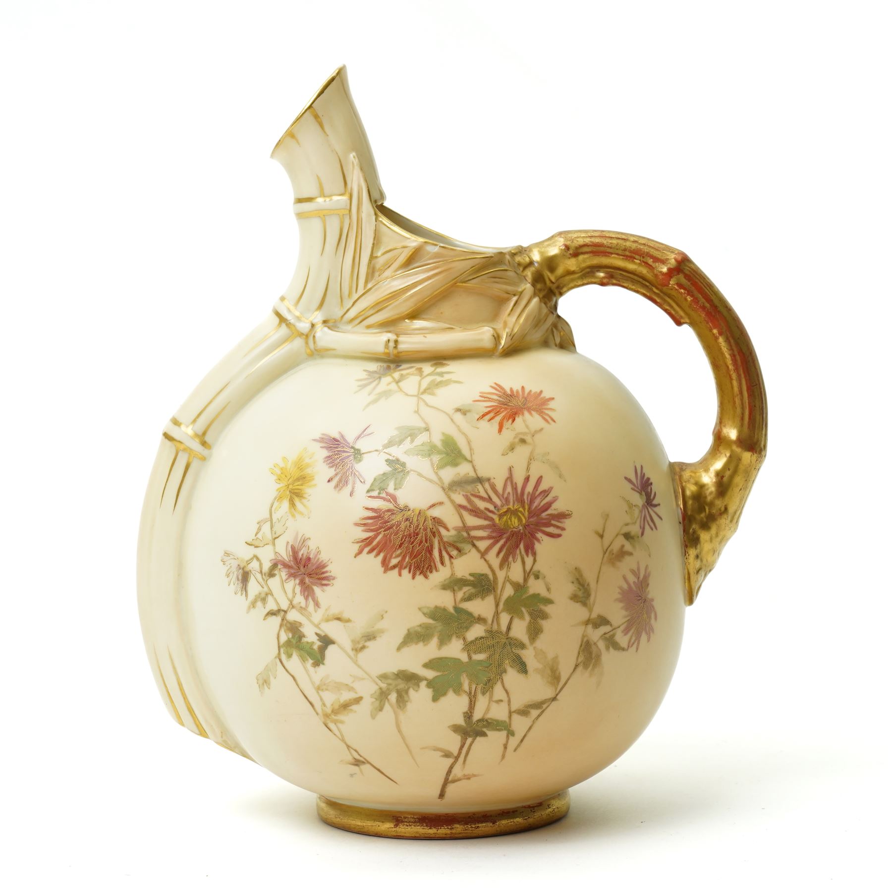 Victorian Royal Worcester ornamental ewer with gilded handle painted with floral sprays on a blush ivory ground H22cm