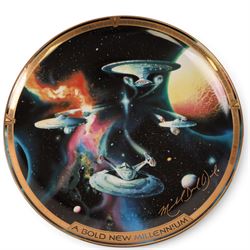 Franklin Mint limited edition Star Trek collectables, comprising seven miniature dioramas under display domes, The USS Enterprise Bold New Millennium large collectors plate, Crystal Edition Galaxy collectors plate and a talking series collectors plate
