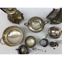 Twin handled silver plated bowl retailed by Harrods, together with two 19th century coffee pots, pewter milk jug and other metalware   