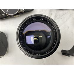 Miranda Sensorex camera body, Miranda Sensorex II camera body with 'Auto Miranda 1:1.8 f-59mm' lens, 'Auto Miranda 1:2.8 f-135mm' lens, 'Auto Miranda 1:3.5 f-200mm' lens, 'Auto Miranda 1:2.8 f-28mm' len, Agfa plate camera with 9cm x 12cm plates and other camera equipment including Miranda camera bag