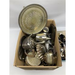Quantity of silver plated to include tow teapots, coffee pot, open sucrier, coasters, cased dessert spoons etc and other metalware  