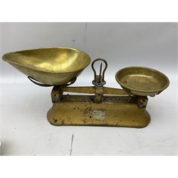 Pair of brass weighing scales by J. Johnson & Sob of Hull, together with quantity of weights