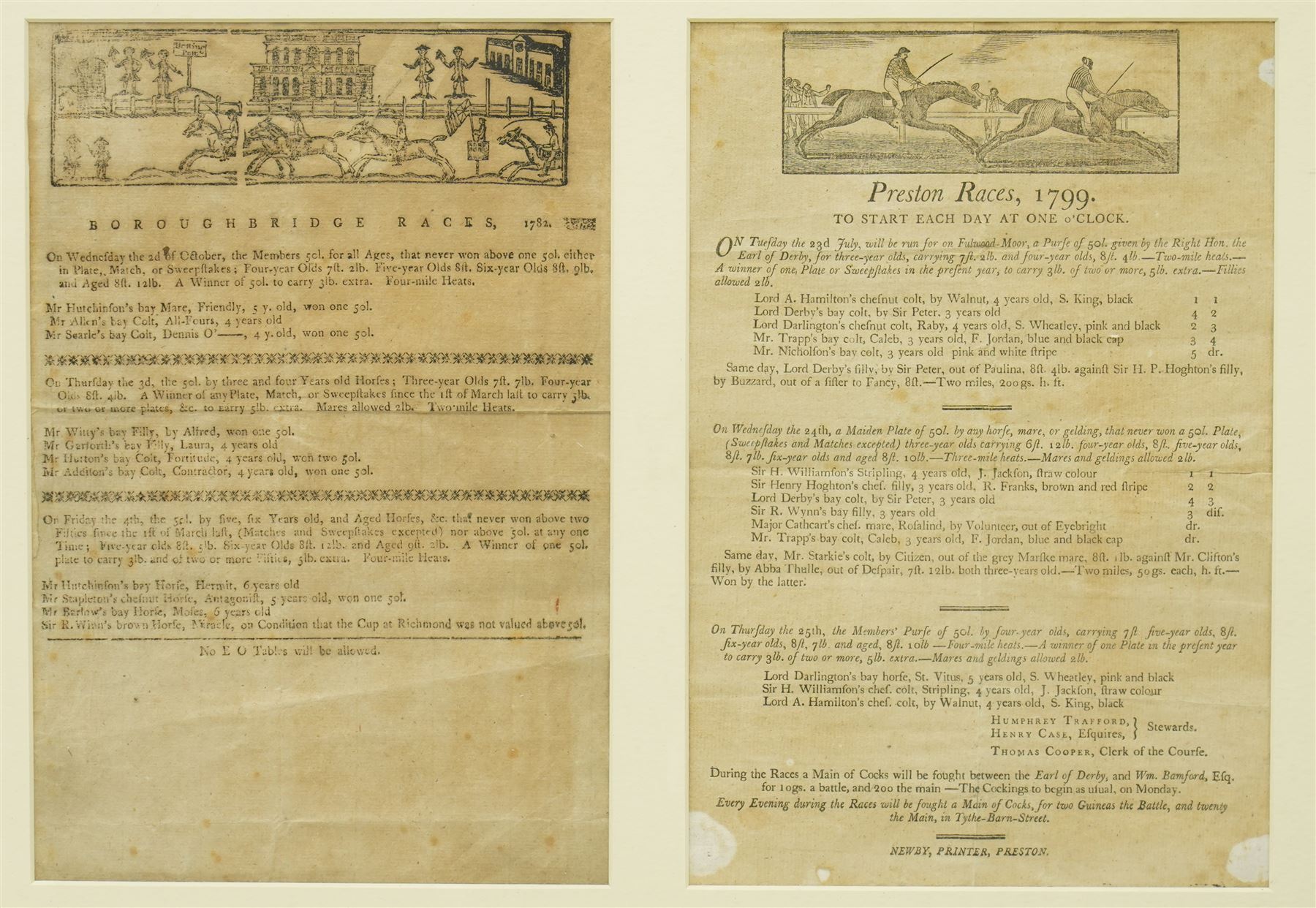Early 19th century handbill for Malton Races June 1803 'Sagg's only correct and authentic list' with runners and owners 27cm x 18cm, another for 'Boroughbridge Races October 1782', another 'Preston Races July 1799', another 'Doncaster Races September 1802' and another 'York Spring Meeting 1802' in one frame 41cm x 116cm 
Provenance: property of a Nobleman