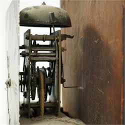 John Bull of Bedford-early 19th century provincial oak cased 30-hour longcase clock c 1830, with a swan necked pediment and brass patera, square hood door with detached reeded pilasters with brass capitals,
trunk with a long door with a shaped top on a square plinth with a shaped base, painted dial with floral spandrels, makers name, steel hands, Roman numerals and minute track, dial pined to a rope driven countwheel striking movement, striking the hours on a bell. With pendulum.
John Bull (1802-1870) was the founding father of a prodigious family of Bedfordshire clockmakers working in Bedford from the early 19th century until the mid 20th century. 