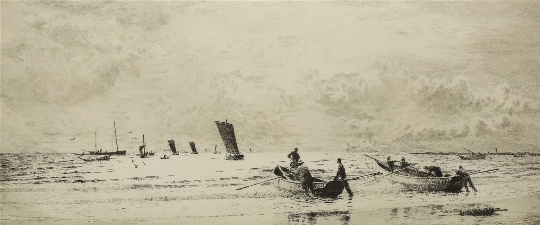 William Lionel Wyllie RA RWS (British 1851-1931): Cobles at Newbiggin - Northumberland, drypoint etching signed in pencil 21cm x 49cm