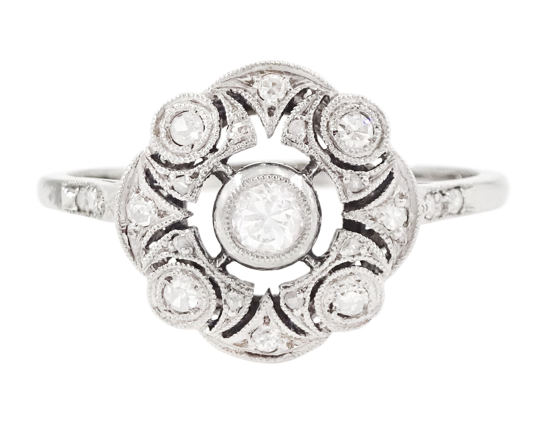 Art Deco French 18ct white gold diamond ring, the principal old cut diamond of approx 0.10 carat, surrounded by single and rose cut diamonds, in a milgrain pierced design setting, with diamond set shoulders, Eagle hallmark
