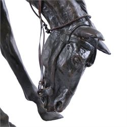 After Frederick Remington; The Mountain Man bronzed spelter figure of a native American trapper upon a marble base with plaque, H72cm