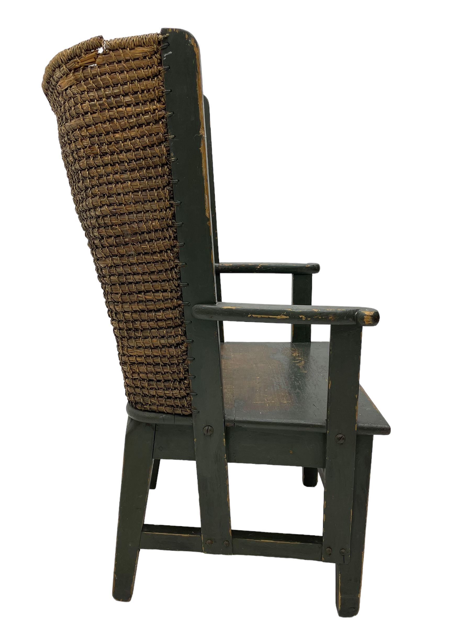 Late 19th to early 20th century Orkney chair, green painted pine frame and seat with curved rush back, square tapering supports joined by plain stretchers